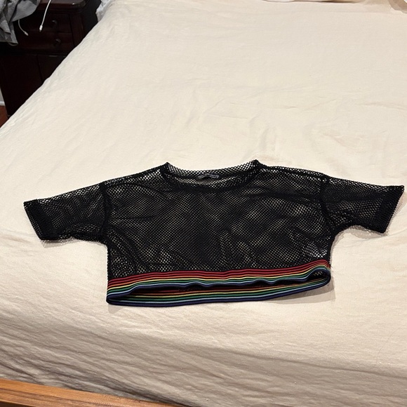 Rock Rose Couture Tops - Women's Black Mesh Tee with Rainbow Trim
